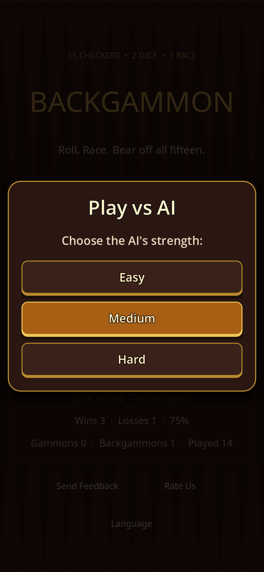 MeshGames Backgammon v35 AI difficulty selector with Easy, Medium, and Hard choices