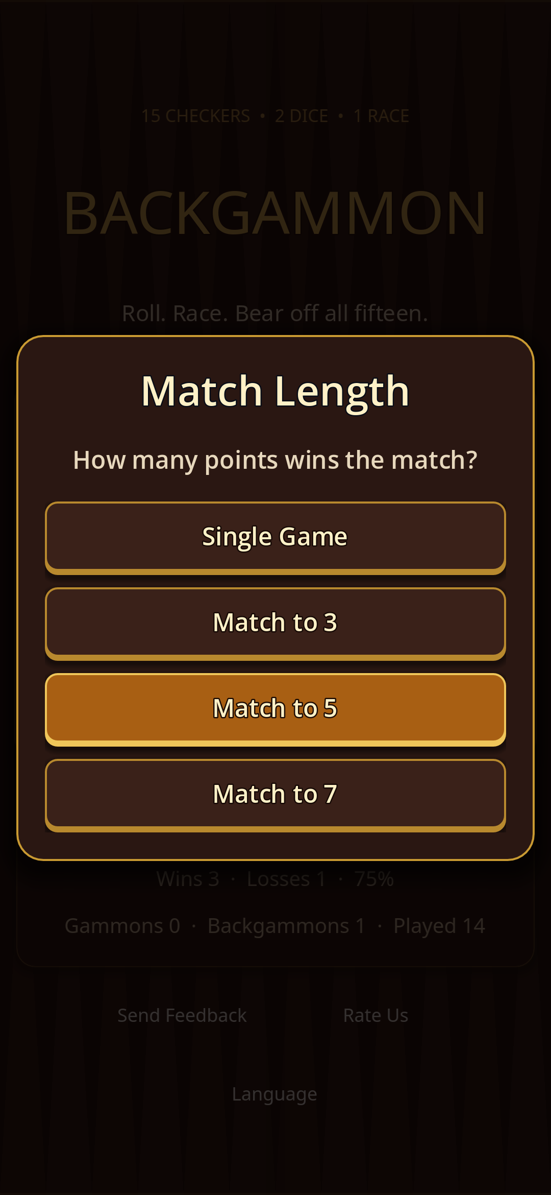 MeshGames Backgammon v35 match-length selector on Android