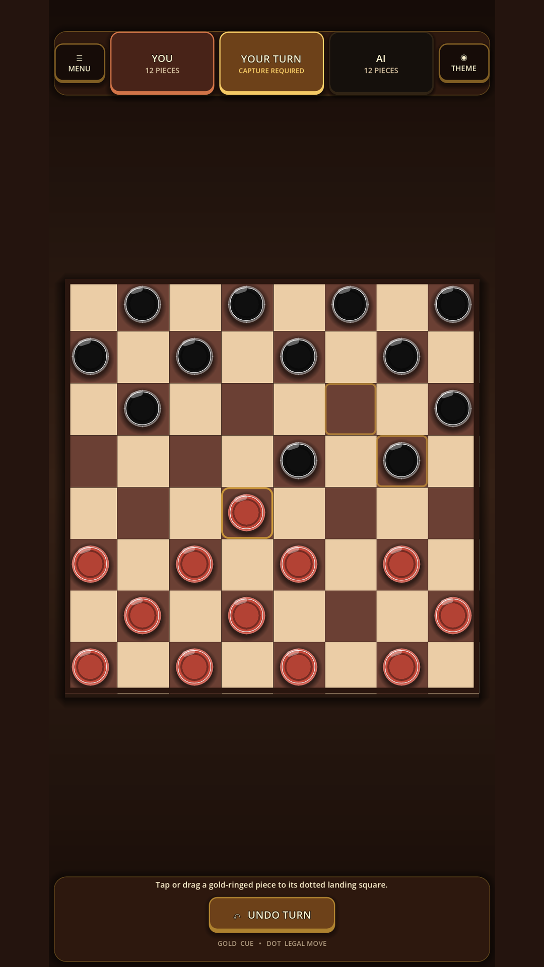 Portrait MeshGames Checkers match showing red and black pieces, a required capture, and touch controls