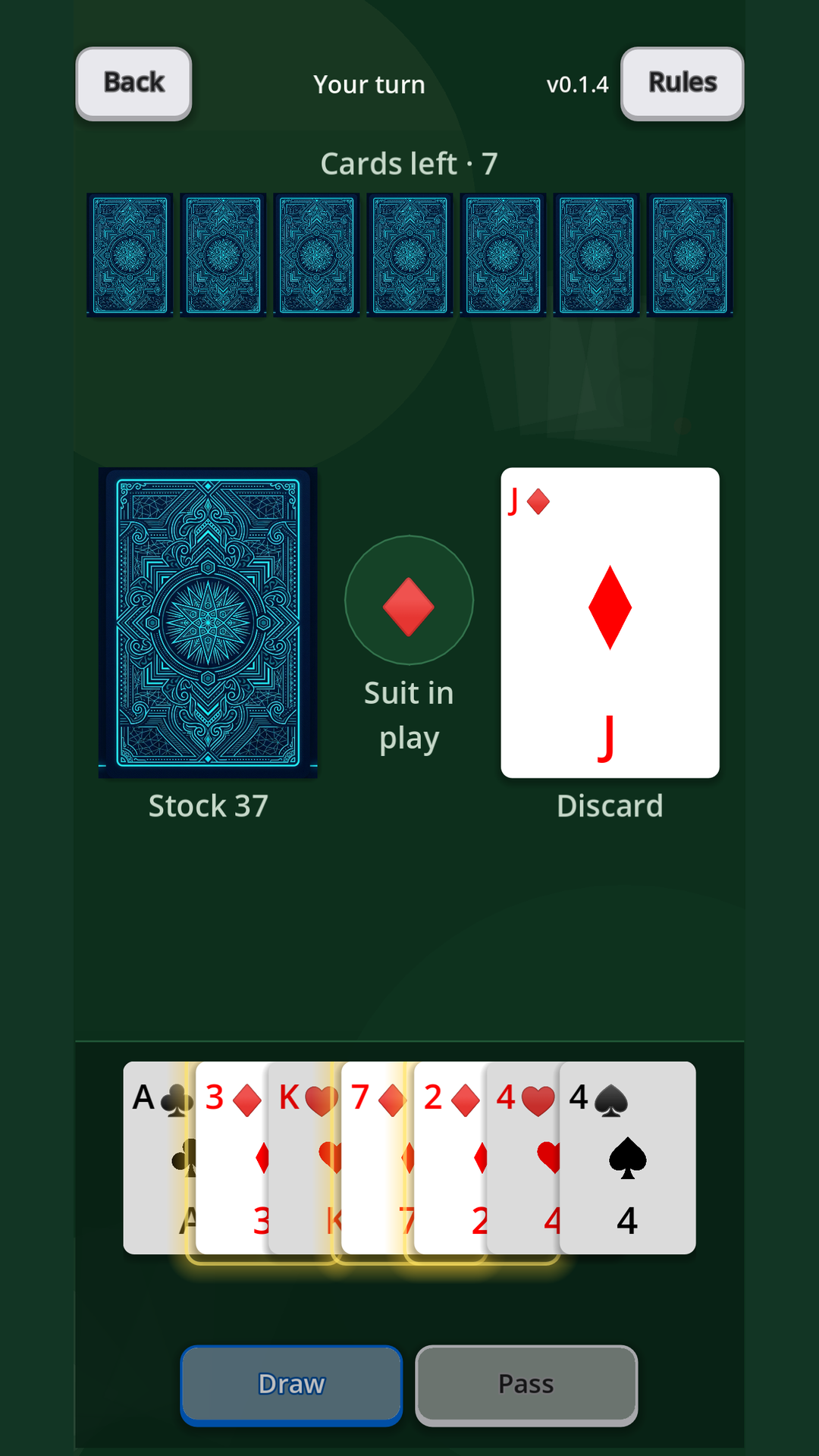 Portrait MeshGames Crazy Eights table with large cards and touch controls