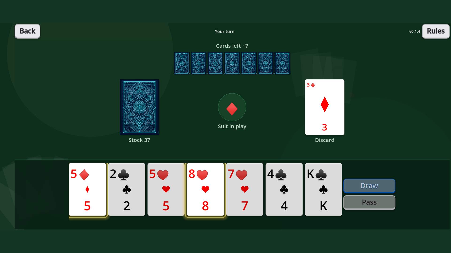 Landscape MeshGames Crazy Eights game with the player hand, discard pile, draw pile, and computer opponent